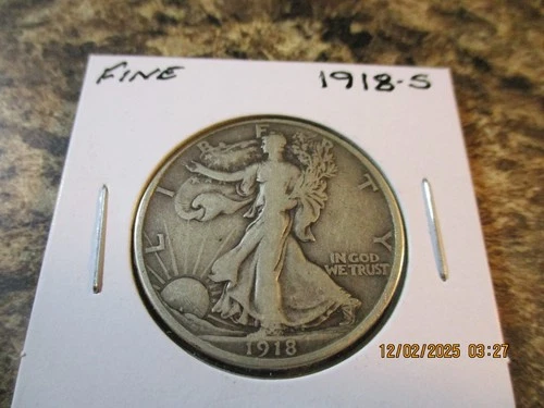 1918-S WALKING LIBERTY SILVER HALF DOLLAR FINE     90
