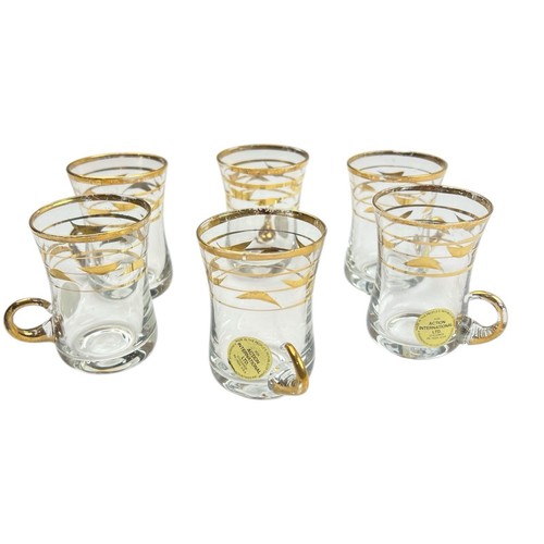 Vintage Glass Gold Trim Handled Cordial Glasses Mugs Mid Century Design Set of 6 - Picture 7 of 11