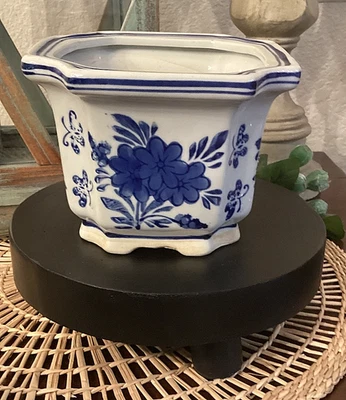 Blue & White Chinoiserie Stoneware Planter Vintage Octagon Footed Floral Beauty - Image 1 of 4