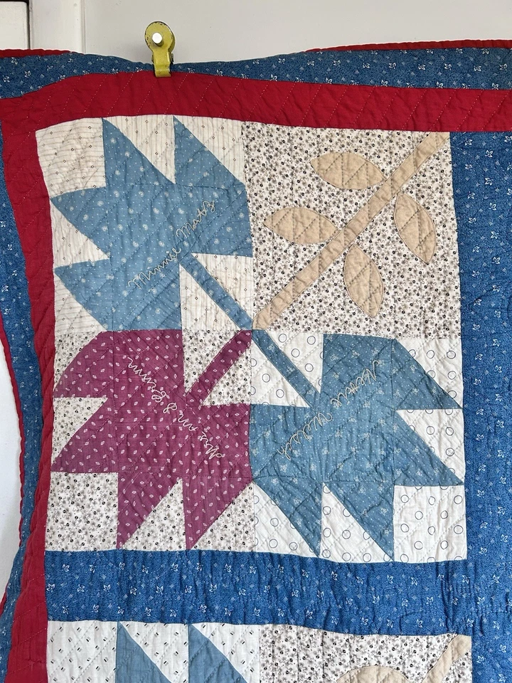 VTG Maple Leaf Quilt Handmade Hand Stitched Farmhouse Embroidered Names 87x88” - Image 4 of 4
