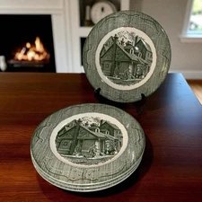 Vintage Set of 4 The Old Curiosity Shop Green Royal China 10” Dinner Plates Mint