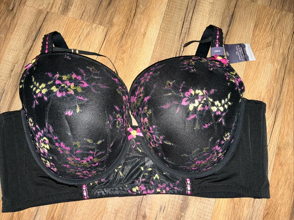 Cacique 丝带槽长绳 Boost Plunge 文胸 48DD 黑色花卉 NWT $78.95 — 第 4/4 张图片