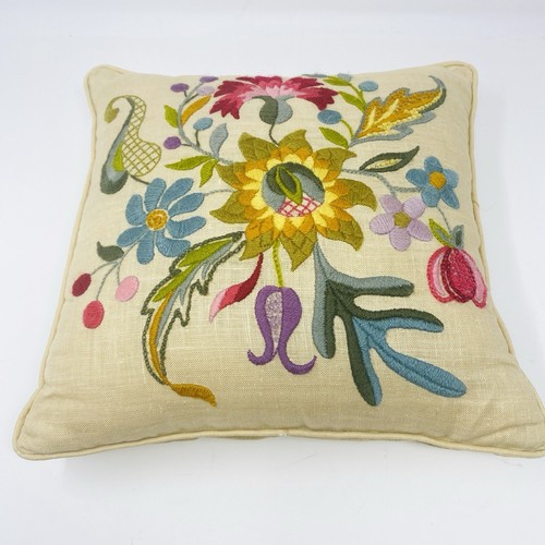 Vintage Embroidery Crewel Pillow Exotic Flowers Boho 1960s 13”x13”