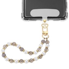 Phone Wrist Strap, Pearl Beaded Phone Charm with Tether Tab, Gray  White