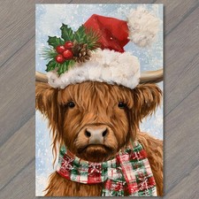 ART CARD Cow Highland Santa Hat Scarf Christmas Snowflakes Pine Berries Winter