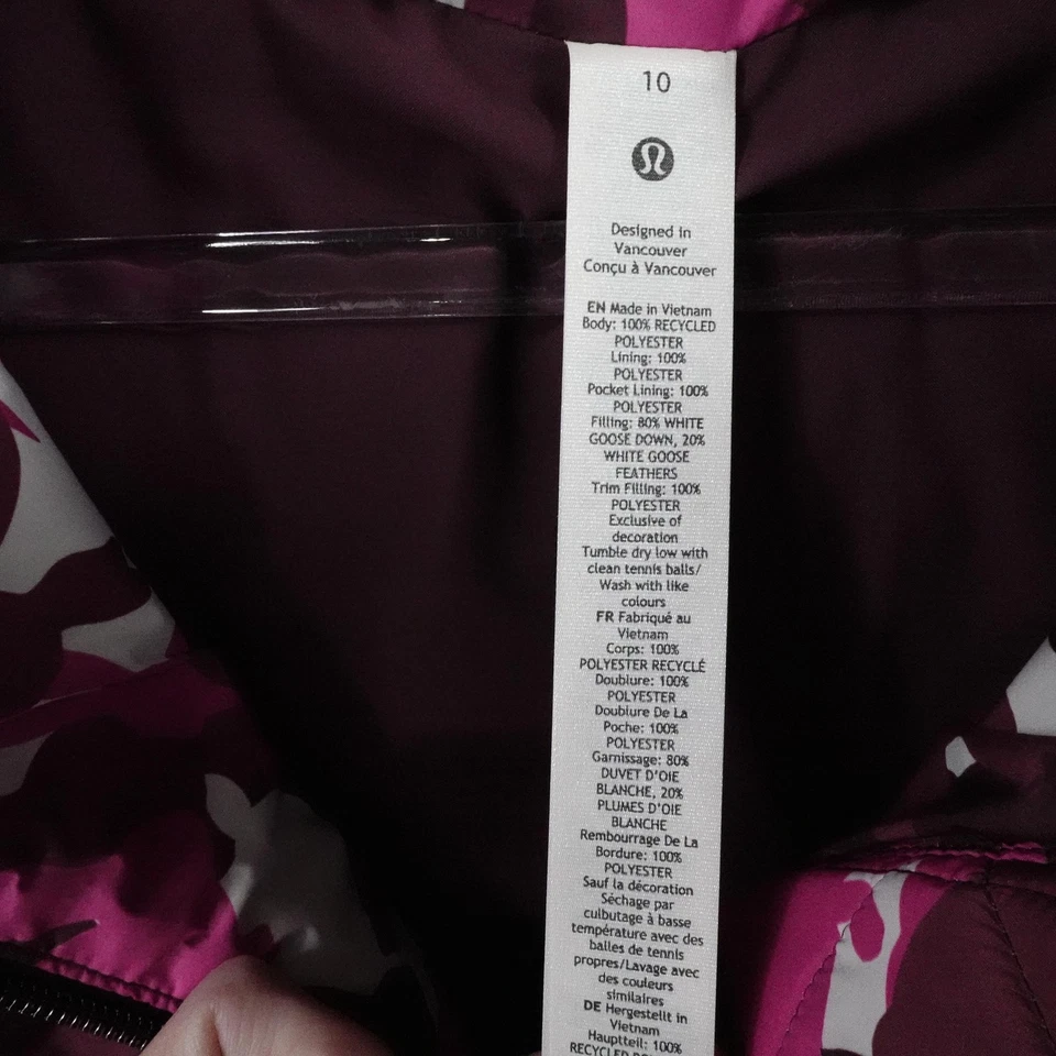Chaleco Lululemon Mujer Talla 10 Rosa Camuflaje Wunder Puff Recortado Con Capucha Nuevo Foto 3 de 4