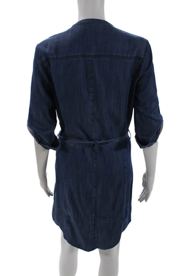 Mini Vestido Crudo Para Mujer Botón Frontal Manga 3/4 Cuello en V Cinturón Azul Talla Pequeña Foto 3 de 4