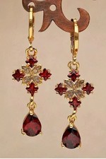 Lab Created Red Garnet 3Ct Pear Cut Drop/Dangle Earrings 14K Yellow Gold Plated