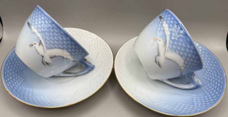 Vintage Bing Grondhahl Denmark Blue White Seagull Tea Coffee Cup Saucer Set 4 pc