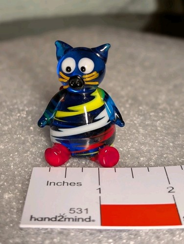 Vintage Small Hand blown Art Glass Sitting Kitty Cat Figurine Blue Yellow Red - Picture 8 of 10