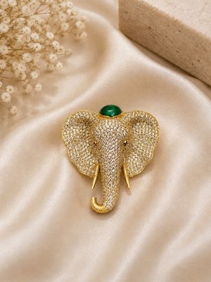 Vintage Elephant Brooch Pin Gold Tone Brass AAA Crystal Statement Jewelry