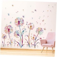 Colorful Blowing Dandelion Wall Decals Flying Flowers Butterflies Floral Peel