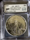 NEW PRICE!  1987 VAULT HOARD SILVER EAGLE ICG MS70 AUSTIN HUTTO, CEO HAND SIGNED