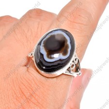 Black Banded Agate Ring 925 Sterling Silver Handmade Statement Boho Jewelry Ring
