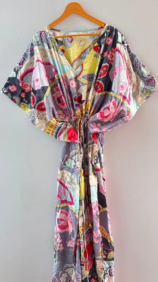 Maxi Vestido Caftán Playa Larga 100% Algodón Indio Vintage Talla Única Caftán Kimono Foto 3 de 4