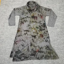 Inoah Dress Women Large Gray Cowl Midi Abstract Lagenlook Long Sleeve Artsy USA