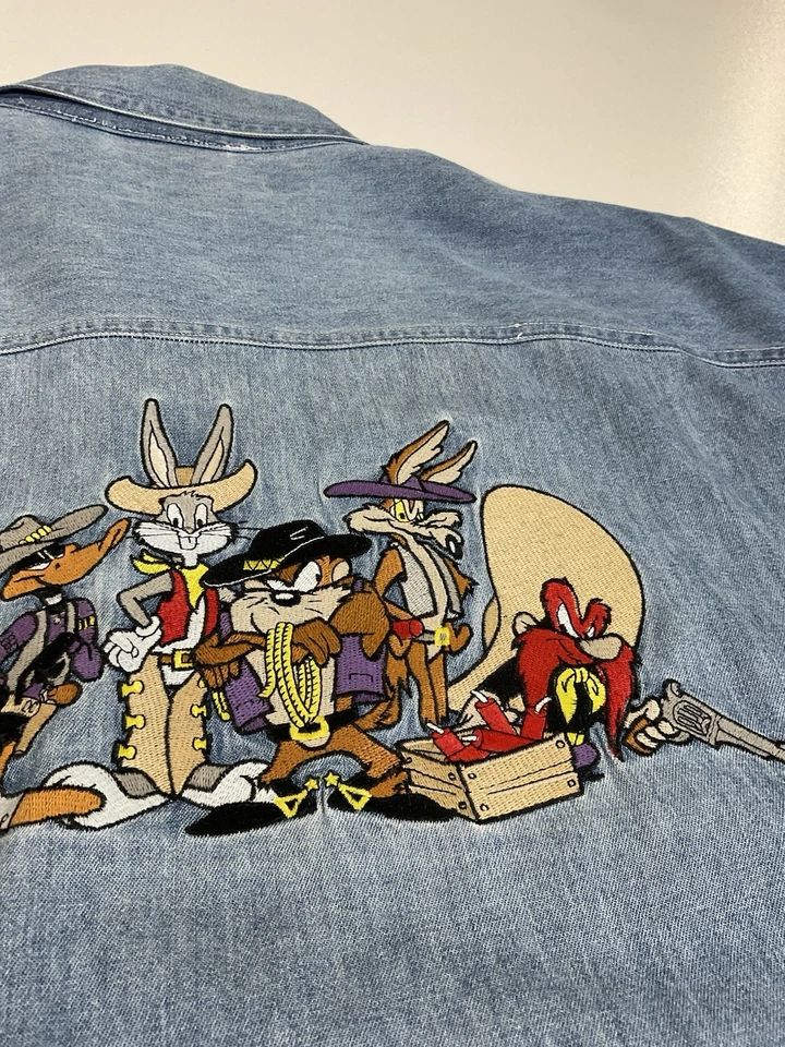 Vintage Looney Tunes Denim Shirt Sz L Western Cowboy Embroidered Rare 90s - Image 2 of 4