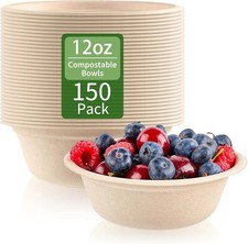 150 Pack 12 oz Compostable Paper Bowls Small Disposable Soup 12 oz, Beige