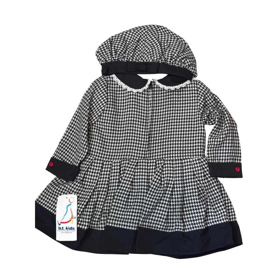 BT Kids 18M Vestido Pata de Gallo Conjunto Sombrero Negro Blanco Cachorro Lazo Peter Pan Foto 2 de 4