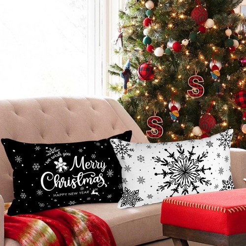 Black White Christmas Lumbar Throw Pillow Covers Winter Snowflake 12x20 - Picture 4 of 6