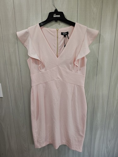 DKNY size 10 sheath dress light pink v-neck ruffle sleeve above knee career wear