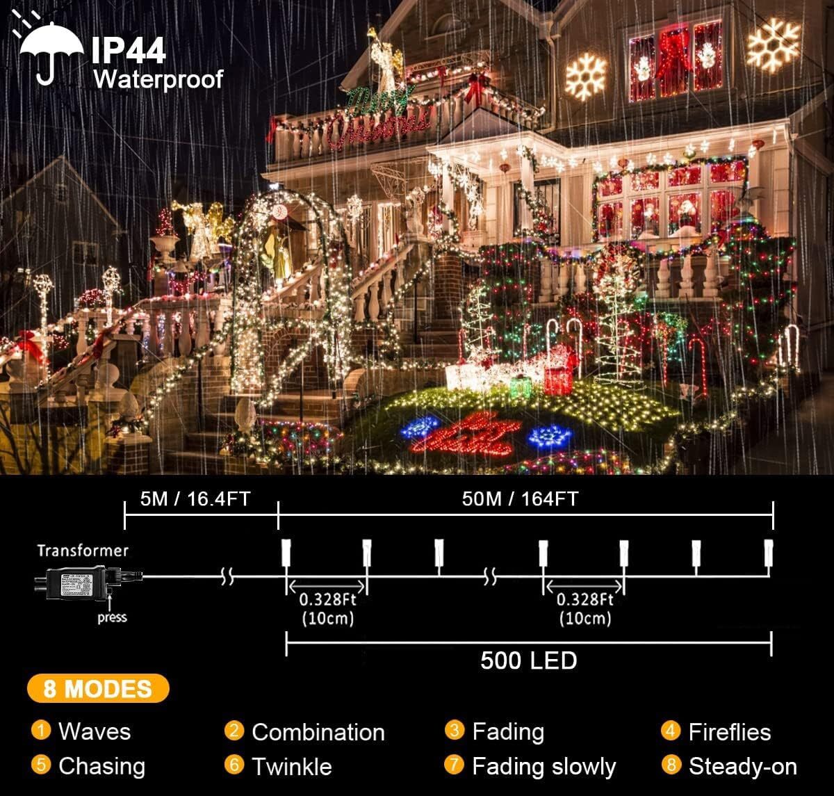 500 LED Christmas Lights, 164FT 8 Lighting Modes Plug in Waterproof LED