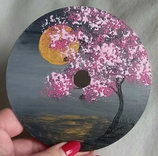 Original Acrylic Painting on CD Landscape Sakura and Moon Wall Art 4. 7 in diam