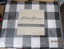 NEW Eddie Bauer Home Full Queen Duvet Set MOUNTAIN Plaid Black White 100% COTTON