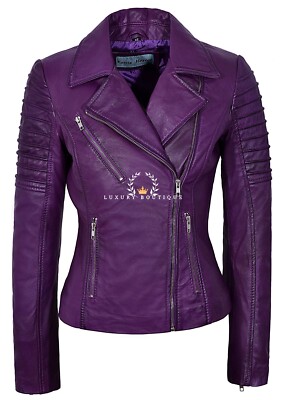 Damen Lila Leder Biker Jacke Neu Mode Gesteppt Stil 100% ECHT NAPA 9334