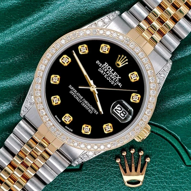Rolex Datejust 2 Tone 36mm 1.4ct Diamond Bezel Lugs Black Dial Jubilee Watch