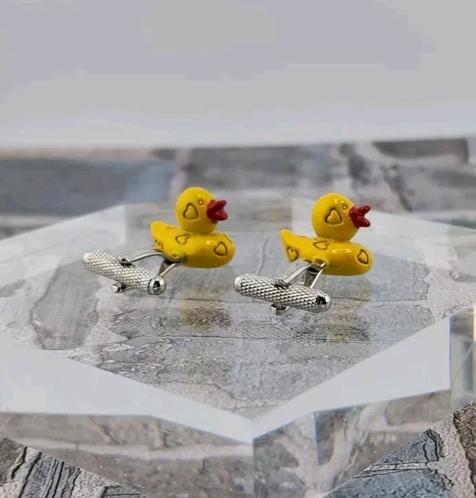 Mens Rubber Ducky Heart Embossed Polished Rhodium Plated Brass Cufflinks - Image 3 of 4