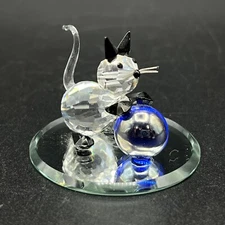 Glass Baron Clear & Black Cat Playing With Blue Ball Figurine on Mirror
