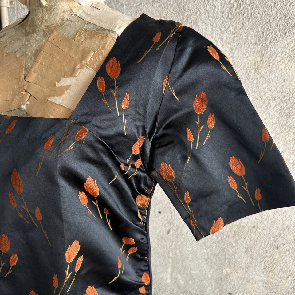 Antiguo Vestido Brocado Seda Tulipán Naranja Años 20 Tela Largo Completo Vintage Foto 3 de 4