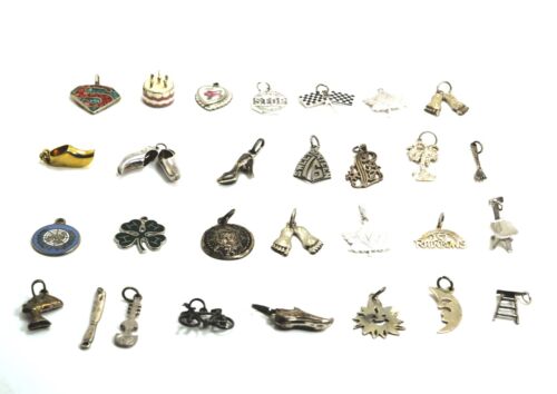Lot of 29 Sterling Silver Figural Charms  Leaf, Bicycle, Birthday Cake & More - Picture 1 of 14