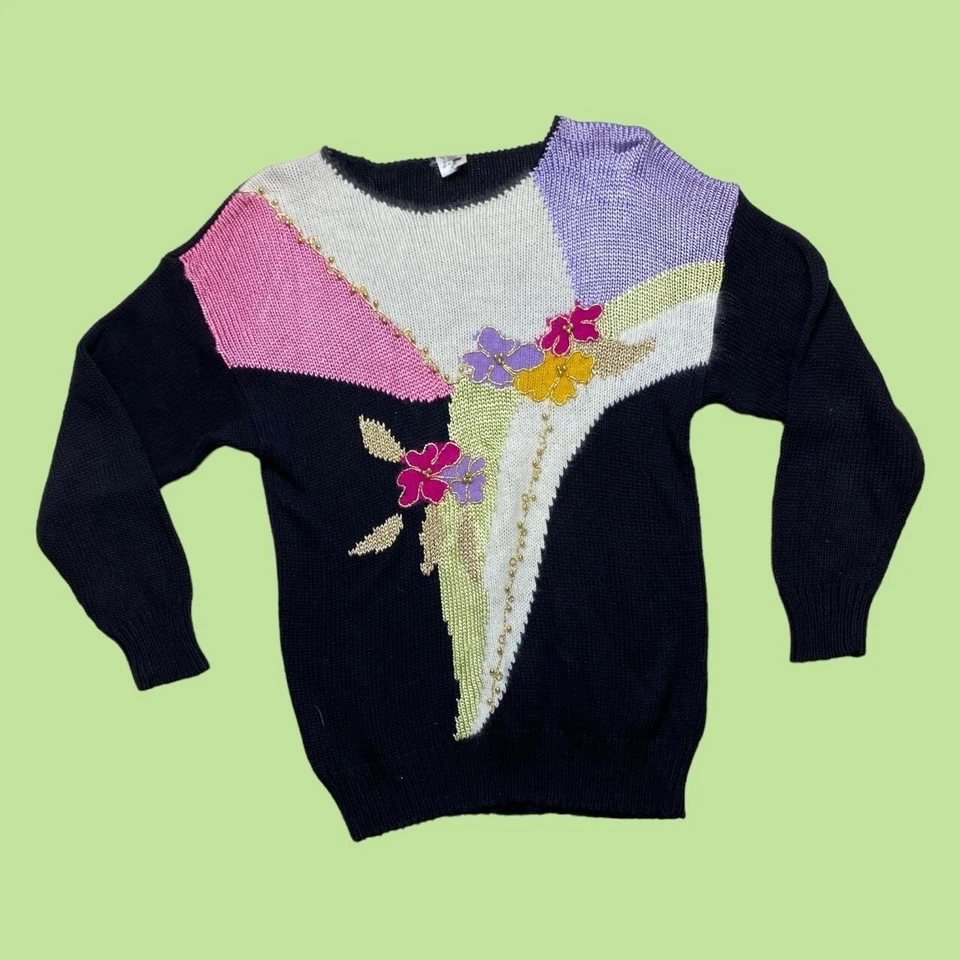 Vintage 80's Pullover 10-12-14 Angora Mischung Grafik Schwarz Retro Blume Pastel - Bild 2 von 3