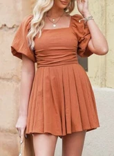 AlvaQ Women's  Rompers Cute Puff Sleeve Elastic  Square Neck Size Medium Brown