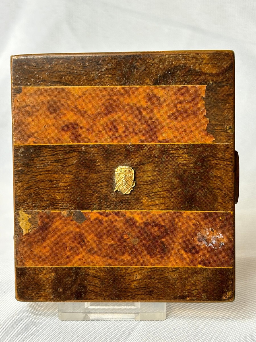 Vtg Cigarette Case Faux Wood Grain Skull Snake Hourglass Oil Lamp Insignia 