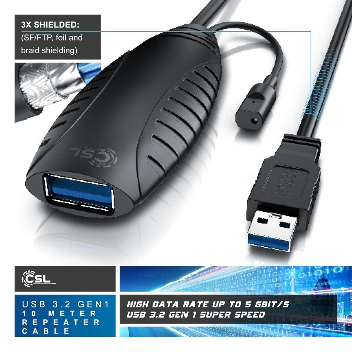 CSL USB 2.0 Repeater Cable - Amplifier - Extension Cable - Repeater Cable With Signal Amplification (10 M, USB 2.0-669279
