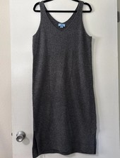 CeCe M Sweater Dress Womens Gray Knit V Neck Tank Midi Ribbed Side Slits Soft
