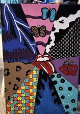 Pop Art Abstract Lips, Butterflies, Cherrys, Acrylic Painting on Canvas