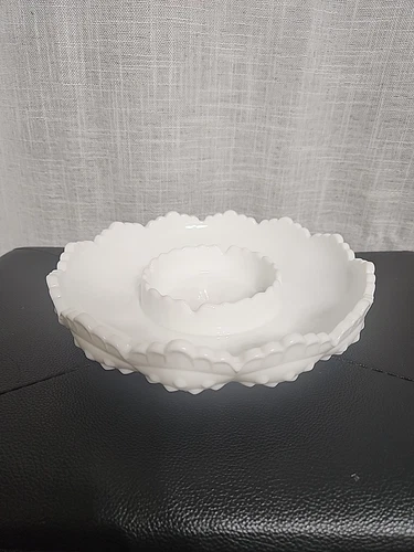 Vintage Fenton Hobnail 8” White Milk Glass Chip & Dip, Trinket, Bowl Marked