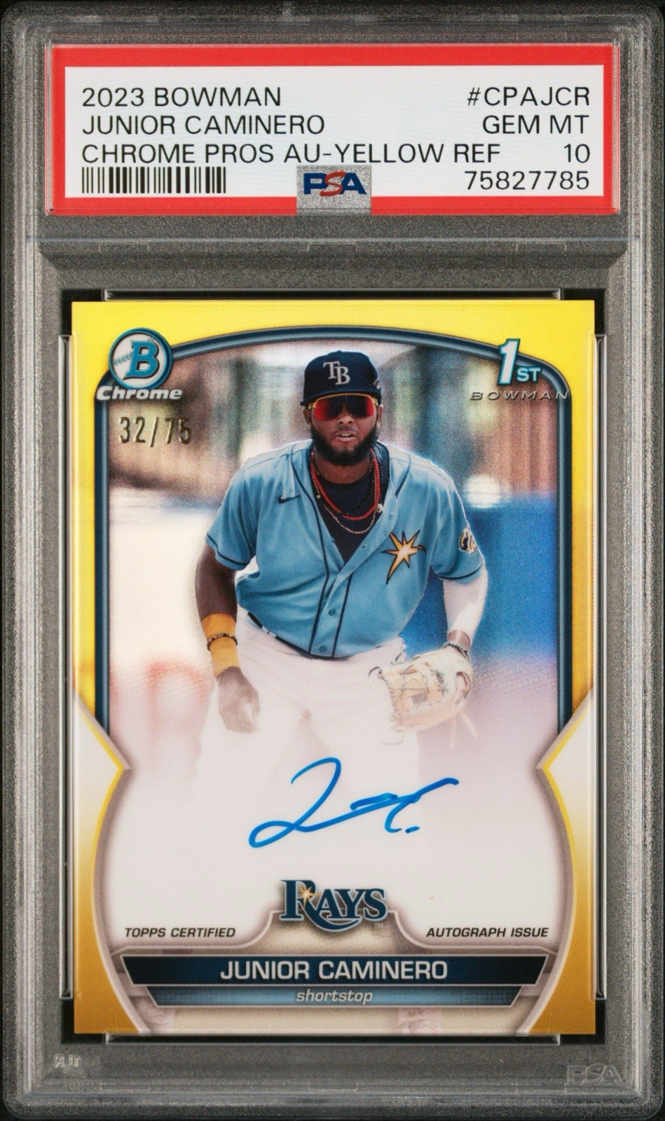 Junior Caminero 2023 Bowman Chrome 1st Bowman Yellow Refractor Auto /75 PSA 10