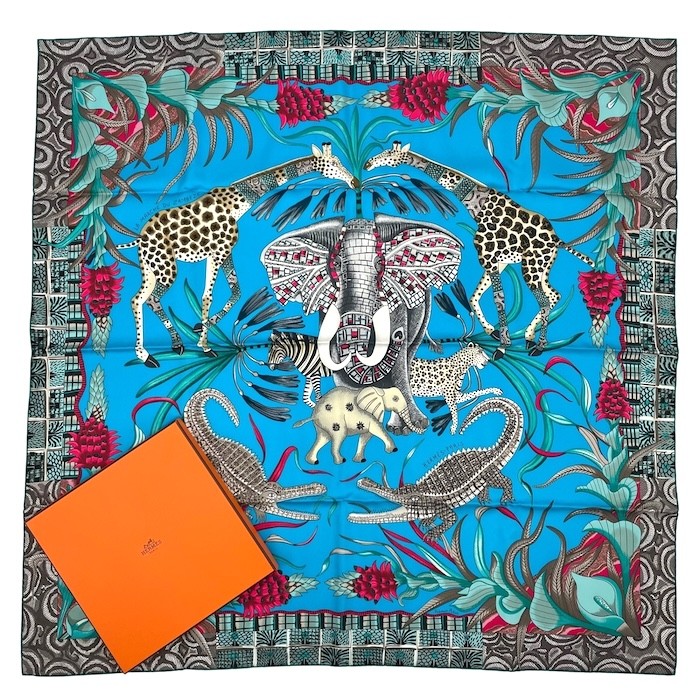 Hermes Scarf Stole La Marche du Zambeze Blue Ardmore Artists Silk