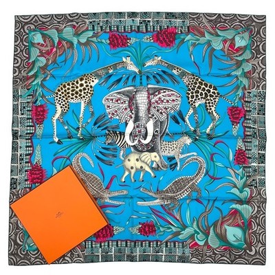 エルメス HERMES シルクモスリン スカーフ Ardmore Artists Hermes Scarf Stole La Marche du Zambeze Blue Ardmore Artists Silk