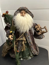 Rustic Old World Santa Metal Base Clothique Cloak Wood Staff & Train 20” Figure