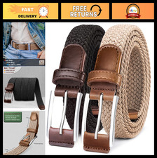 Woven Braided Stretch Web Belt 2-Pack for Men - Breathable, No Hole, Snug Fit -