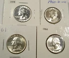 LOT OF 4 BU WASHINGTON QUARTERS 1958 1960D 1961 1964 0.7233 oz SILVER 25c