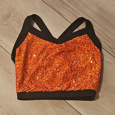 DanzGear Girls Orange Sequin Dance Crop Top Kids Performance Shirt Size S