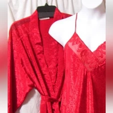 Vintage 80s Rare Val mode Red jacquard satin 2 piece Lace Slip & robe SET small