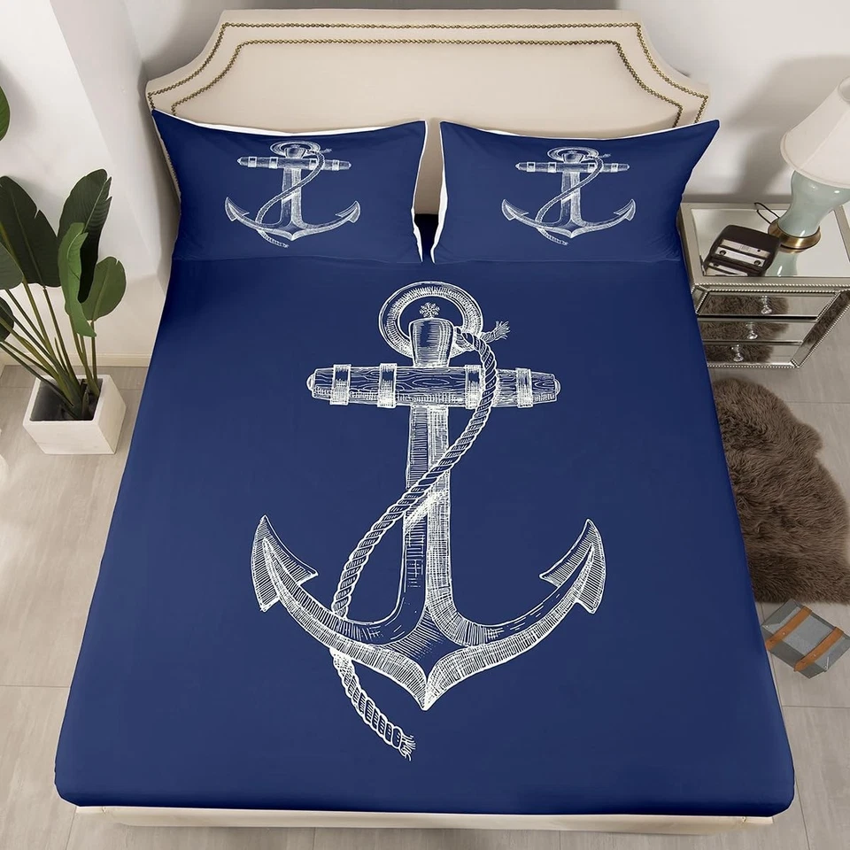 Juego de sábanas decorativas de anclaje tamaño completo temáticas náuticas sábanas ajustables estampado de anclaje Be... Foto 3 de 4